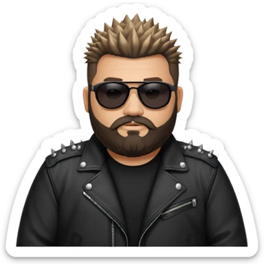 biker gang with black sunglass and rugged and fat guy bearded spicks hair black jacket sticker