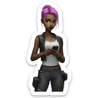 Cyberpunk girl standing with phone on the farm sticker