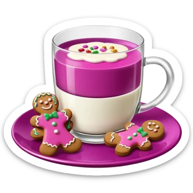 A glass of milk sits on a magenta saucer with gingerbread cookies. sticker