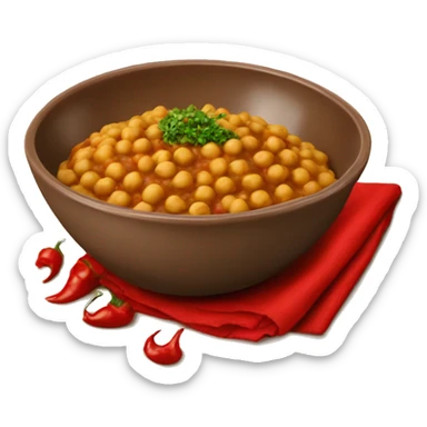 large brown bowl with chickpea chole bhature and red pepper sticker