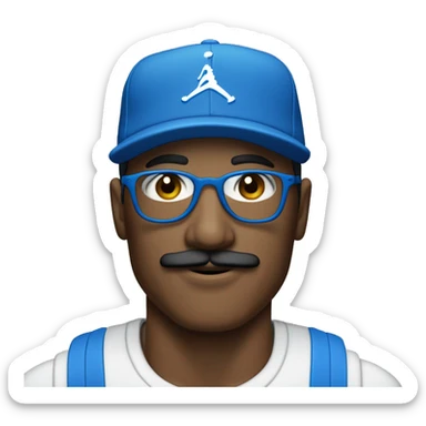 Homme peau blanche avec une moustache portant des lunettes bleues , une casquette jordan bleu , un survêtement bleu sticker