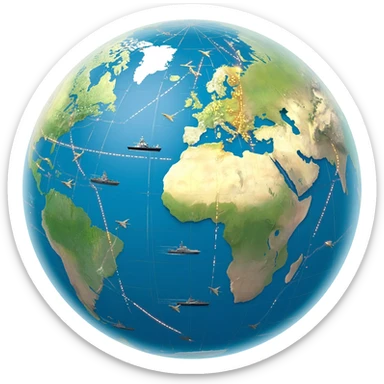 A geopolitical globe showing global power: naval fleets controlling the oceans, armies across continents, and fighter jets dominating the skies. Glowing trade routes and strategic zones around Earth, cinematic lighting, ultra detailed, epic geopolitical strategy visualization. sticker