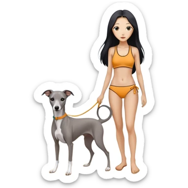 Slim Chinese woman with long black hair in appropriate beach attire at the beach with her completely solid grey Italian greyhound, ocean and sand visible, the dog has absolutely no white markings anywhere sticker