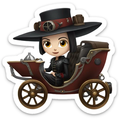Wednesday Addams Jedi bounty hunter sitting in a modern blue,red and pewter steampunk electric luxury carriage  sticker