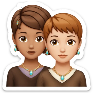 Fair skin and caramel colored besties with brown hair pixie cuts wearing jewelry  both brown hair  sticker