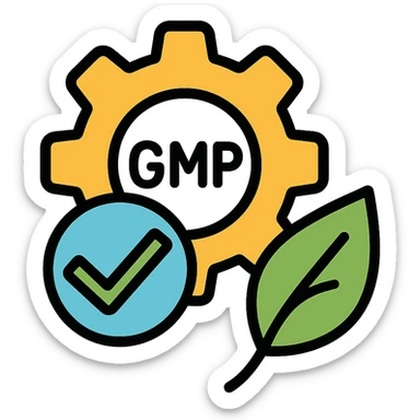 Good Manufacturing Practices icon for supplements, with a gear, checkmark, and leaf, symbolizing quality and safety, simple and bold sticker