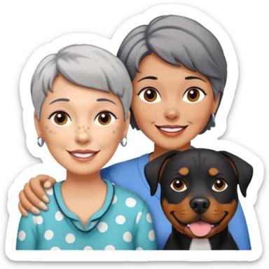 Pit bull Rottweiler mix with white muzzle and spots on muzzle next to older woman with really short grey hair sticker