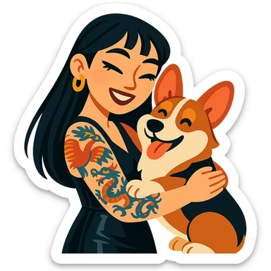 Asian girl with long hair and wispy bangs, black leather dress, gold earrings, subtle false lashes, 3/4 sleeve tattoo with phoenix and dragon on left arm, hugging joyful red head tri-color corgi sticker
