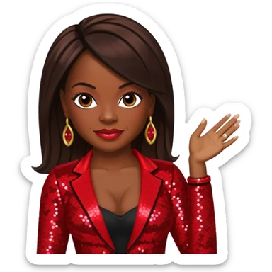 Kandi Burruss from Xscape with long dark brown hair, red sequin outfit sticker