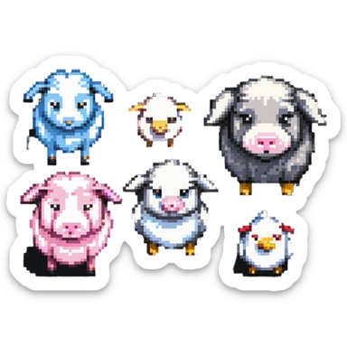 Minecraft style sheep, blocky pig friend, and blocky chicken friend together sticker