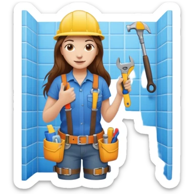 beautiful girl with long brown hair constructing new bathroom area with new shower and amenities  sticker