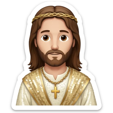 Jesus Christ from The Bible with long brown hair, ivory sequin outfit sticker