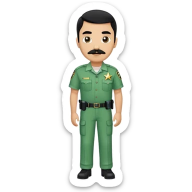 Chill guy in correctional officer green uniform. Full body. Black hair black mustache.  Light brown kin tone. Star badge  sticker