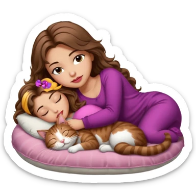 girl with long wavy brown hair, brown eyes, long lashes makeup, sexy pink lips, light to medium complexion,  sleeping on a cozy pillow, with brown tabby cat, sleeping sticker