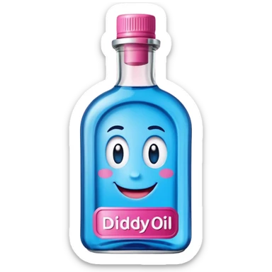 Smiling bottle of oil blue top pink outside with logo that says diddy oil sticker