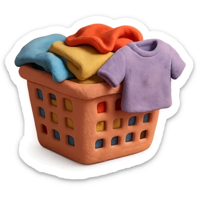 laundry basket with towels and shirts peeking out, pastel colors, claymation style sticker