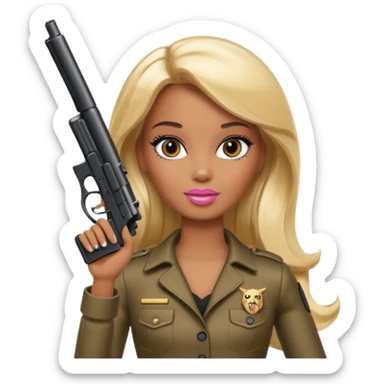 Brown skin blonde hair barbie with black gun sticker