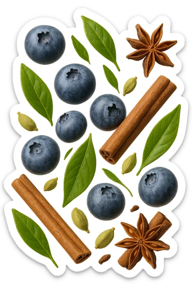 mirtilli, thè verde, spezie, fluttuano in aria, iperrealistico 4k sticker