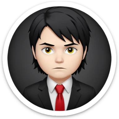 Gerard Way (Revenge Era)
Round, simplified emoji style
Pale skin tone
Jet-black, shoulder-length hair messy and emo
Heavy eyeliner and slight red shadow under the eyes
Subtle serious
Hint of red tie visible on black button up shirt.
Transparent background. Black eyeliner. Messy emo hair sticker