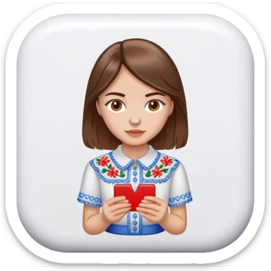 Ukrainian girl with brown hair in an embroidered shirt and a magnet sticker