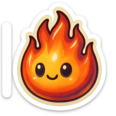 retro sticker style drawing of a cute, vibrant flame with thick outlines, dramatic shadows, shiny highlights, lively and dimensional flame sticker