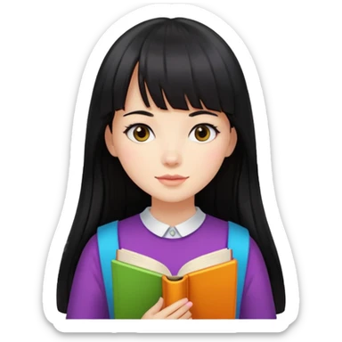 lecture girl with straight bangs fringe long black color hair with color book sticker