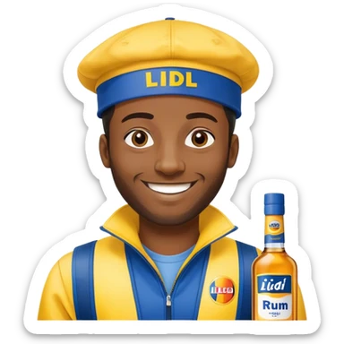 Black man smile. He has yellow and bleue cloth on him, with Lidl sloggan. He has a cap on his head, Lidl too. And he show us a bottle af rhum. sticker