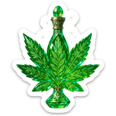 luxurious crystal elixir bottle in the shape of a cannabis leaf or with cannabis motifs, vibrant green color, ornate silver and iridescent details, maximum magical glowing and sparkling effects, very small neck, seamless bottom, transparent background, bottle clearly floating in air, no base or shadow, modern, collection style sticker