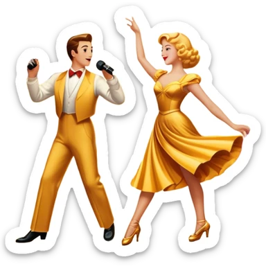 Vintage movie poster-style icon for a musical film. The cityscape glows in the background, evoking the golden era of musicals. A vibrant street scene with bright lights, dancers mid-step, a singer with a microphone. Transparent background. sticker