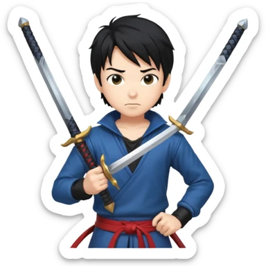 Create me an anime character boy emoji looking very cool with swords on his hand sticker