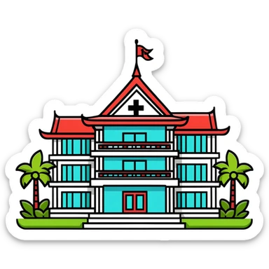 Modern Thai hospital building with traditional Thai roof elements, medical cross symbol, palm trees sticker