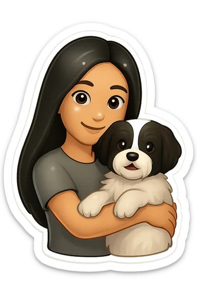 Replace the cat with the black and white dog from the first image, keeping the same cartoon emoji style and pose. The woman should still be holding the pet in her arms, but now it is the dog instead of the cat. sticker