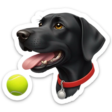 A black Labrador x pointer dog with a red collar on, and a tennis ball in its mouth sticker