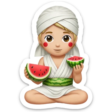 Emoji sitting cris cross wearing a white toga, blindfolded and a watermelon for a hat.  sticker