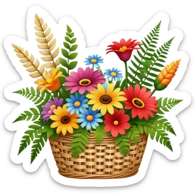 Icon for Floristry: a bouquet of flowers in a woven basket, with reeds, ferns, and floral arranging tools like scissors and a flower stem. The icon should represent creativity in flower design and arranging. Transparent background. sticker