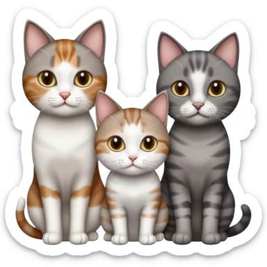3 different coloured short haired cats including; a dark brown tabby and white cat, and a dark grey and white  sticker