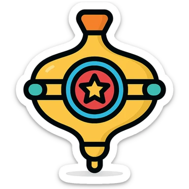 vector icon of a gold spinning top with colorful elements, elegant and minimalist flat design, award badge style, 2D flat vector, trending icon look, soft shadows, no text, isolated on white background, commercial use sticker