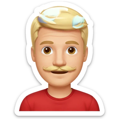 blond hair man smile warmly with mustache red shirt sticker