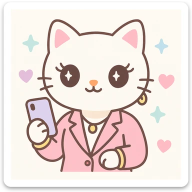 stylish corporate cat with long eyelashes, pink blazer, gold jewelry, holding a phone, surrounded by hearts and stars, Hello Kitty inspired, kawaii style sticker