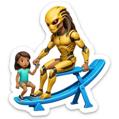 The Predator, in a dream like park, pushing unwilling the alien in a seesaw. sticker
