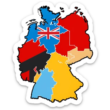 Germania divisa con mandiera in US sud-ovest, UK nord-ovest (Amburgo, Colonia), URSS est (Berlino Est, Dresda), France sud-ovest (Stoccarda, Friburgo) sticker