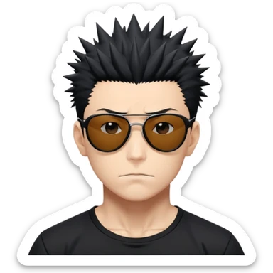 Satoru Gojo from Jujutsu Kaisen with spiky black hair, wearing form-fitting black t-shirt showing muscular build, confident expression, sunglasses on top of head sticker