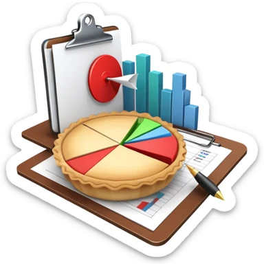 An icon featuring a pie chart, a clipboard with a checklist, and a megaphone, symbolizing management and marketing. The design includes upward-trending graphs and a target with an arrow, representing strategy and success. Transparent background highlights business organization and promotion. sticker