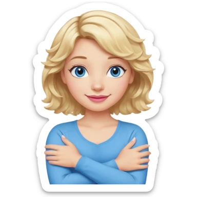 Girl Blonde short wavy hair,  blue eyes, cute blue top, long lashes, pink lips, smiling, making cross arms X with arms  sticker