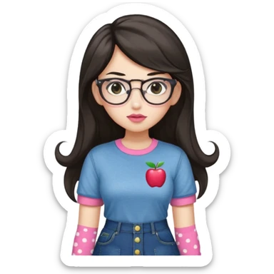 Light skin but a little white , monolid eyes,  dark brown long (not too long but not too short) hair, a button nose, fuller lips, blush (Light) PiNk liptint not too pink, wearing  bayonetta glasses (red) a apple T-shirt, dotted socks, a denim skirt sticker