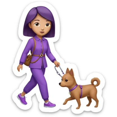 Chinese woman wearing purple outfit walking 1 small brown dog sticker