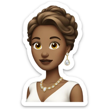 High class woman with long brown hair with golden highlights and diamond earrings, white dress and blushed cheeks sticker