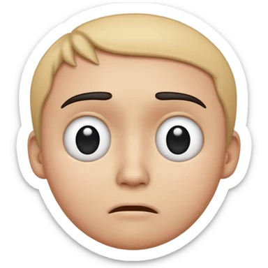 Sad, confused, emoji face not human, black eyes, write the text PION! on forehead sticker