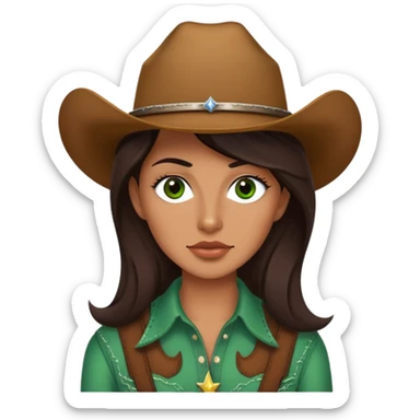 Me with long dark brown hair green eyes and thin top lip and big bottom lip and a mole on my left side of my chin very thin eyebrows with a scar on the right eyebrow and a cow girl sticker