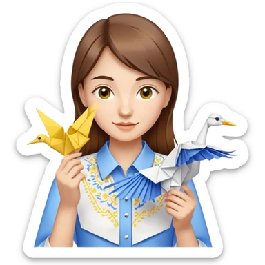 A happy Ukrainian young girl with brown hair in a white embroidered shirt makes an origami of a yellow and blue crane sticker